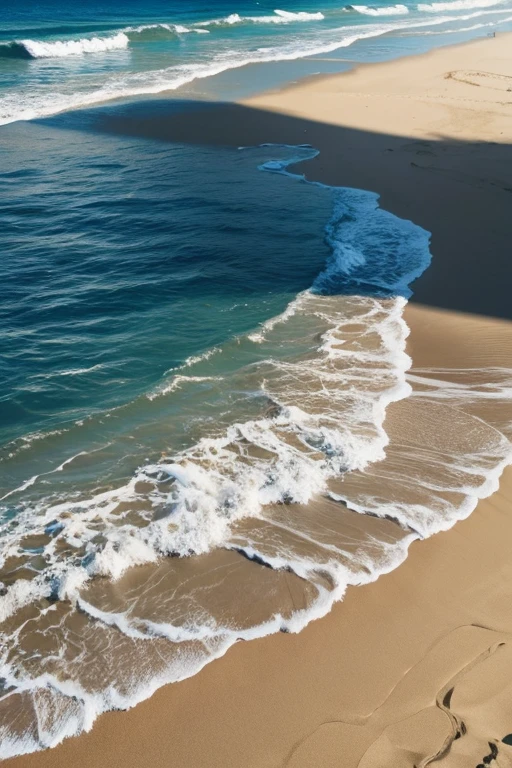 create an image that represents a beach, avec du sable, des vagues, des oiseaux, et des ombrages.