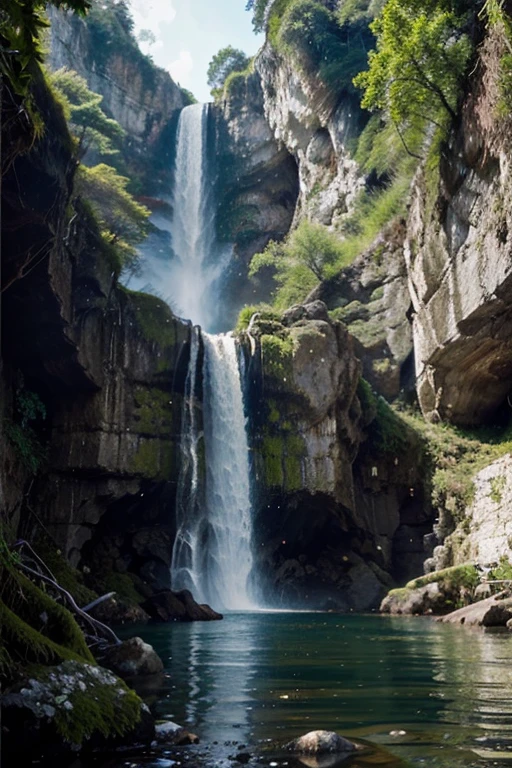 create an image that represents a waterfall, avec de l'eau, des rochers, des arbres, et des mousses.