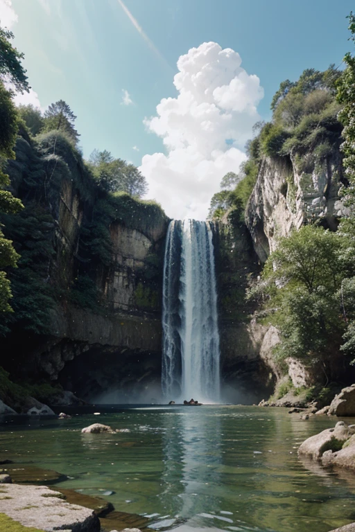create an image that represents a waterfall, avec de l'eau, des rochers, des arbres, et des mousses.