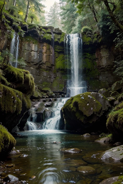 Create an image of a waterfall, with water, rocks, trees and moss.