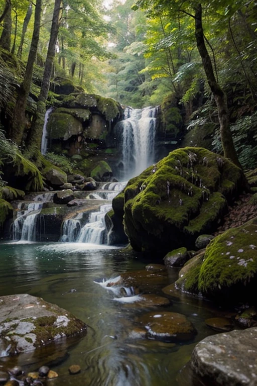 Create an image of a waterfall, with water, rocks, trees and moss.