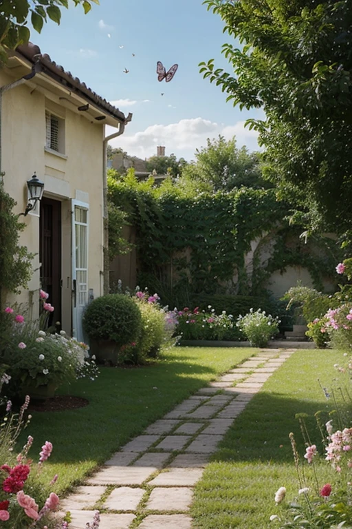 create an image that represents a garden, avec des fleurs, des arbres, des oiseaux, et des insectes.