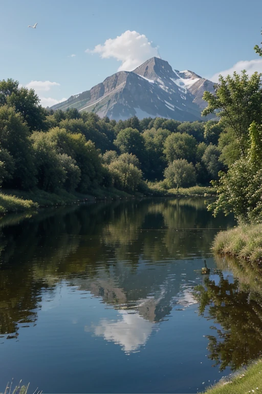 create an image that represents a lake, avec de l'eau, des reflets, des bateaux, et des oiseaux.