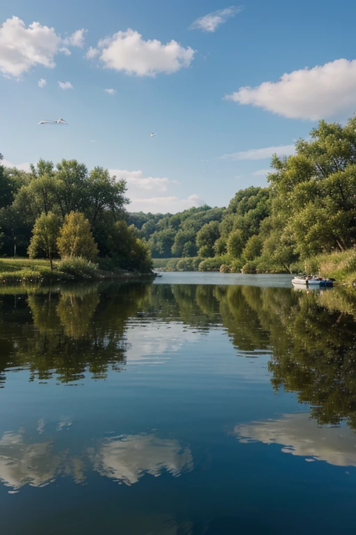 create an image that represents a lake, avec de l'eau, des reflets, des bateaux, et des oiseaux.