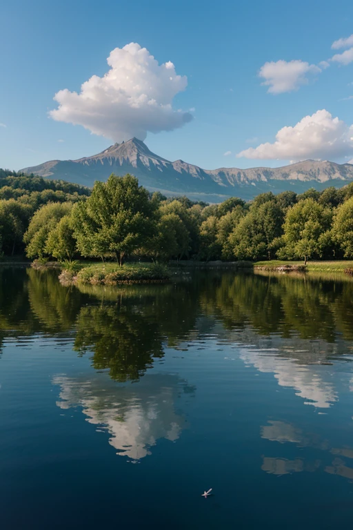 create an image that represents a lake, avec de l'eau, des reflets, des bateaux, et des oiseaux.