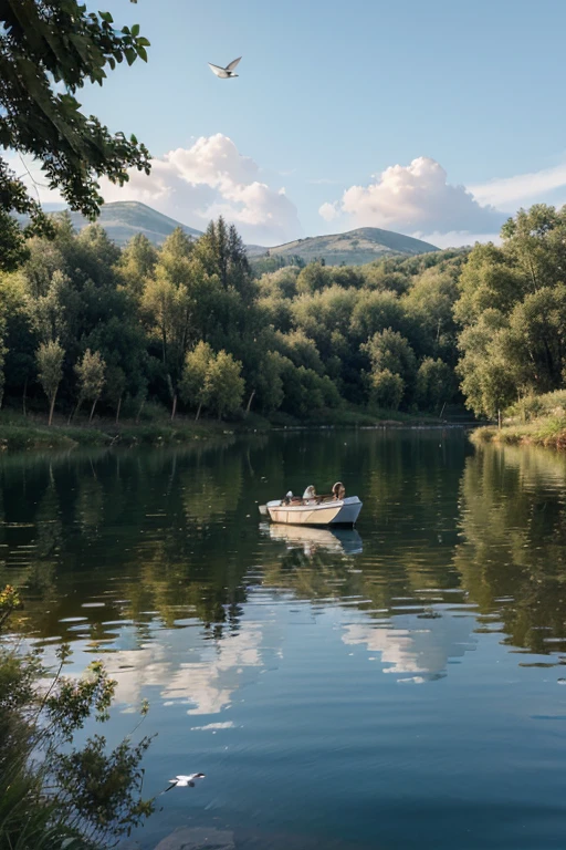 create a picture of a lake, with water, reflections, boats and birds.