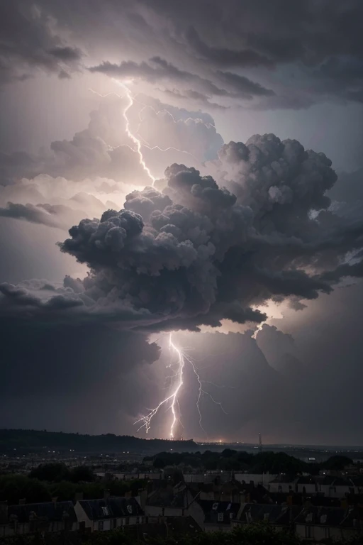 créez une image qui représente une tempête, avec des nuages noirs, lightning, du tonnerre, et des arbres qui se penchent.