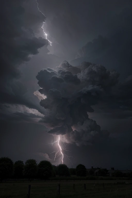 créez une image qui représente une tempête, avec des nuages noirs, lightning, du tonnerre, et des arbres qui se penchent.