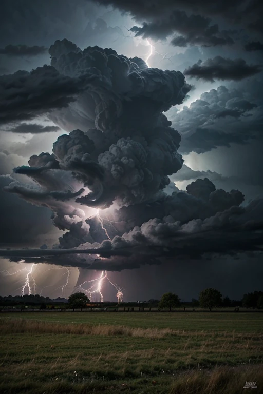 créez une image qui représente une tempête, avec des nuages noirs, lightning, du tonnerre, et des arbres qui se penchent.