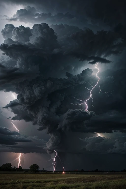 créez une image qui représente une tempête, avec des nuages noirs, lightning, du tonnerre, et des arbres qui se penchent.
