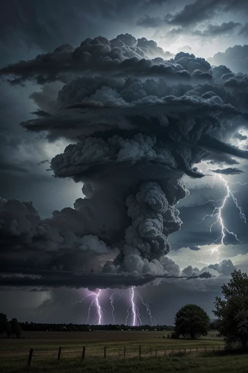 créez une image qui représente une tempête, avec des nuages noirs, lightning, du tonnerre, et des arbres qui se penchent.