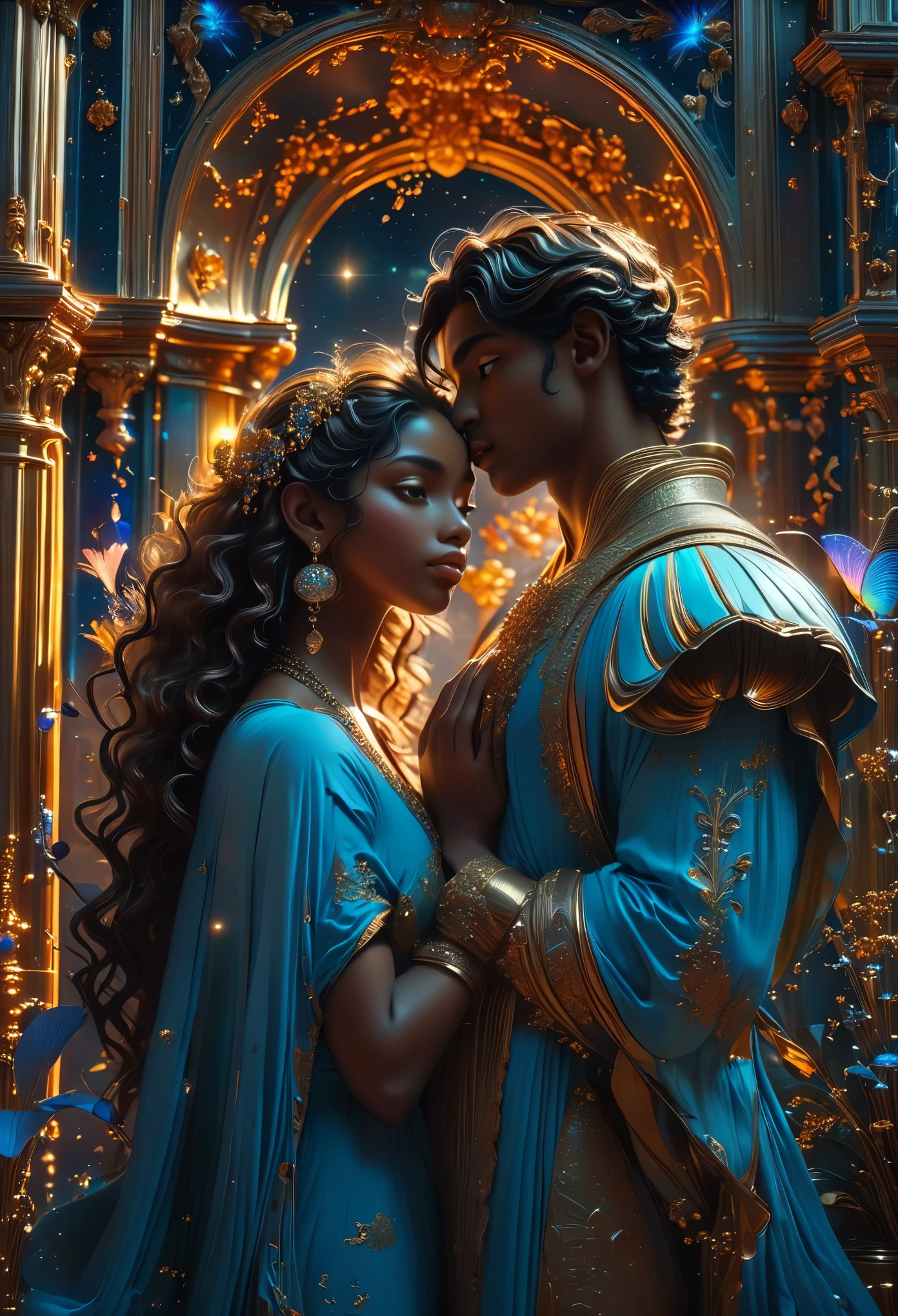 Romance en una coronación celestial, el titulo es alma gemela, una joven pareja india y brasileña  (((Piel marrón))) de 16 años en una tierra celestial, una impresión celestial con cabello largo y rizado castaño, cara muy delgada, (((muy hermoso))), caras perfectas, todo el cuerpo, 8k, extremadamente detallado, (alta calidad,Realista,photoRealista:1.37), cuerpo completo, proporciones ideales y tez definida, Características meticulosamente diseñadas, belleza inalcanzable, perfección, elegancia impresionante, curvas g, Figuras parecidas a diosas, Simetría divina, artistic Obra maestras, vivid realism, esculturas hiperdetalladas, formas realistas, verdaderamente impresionante, artesanía impecable, Puro resplandor, belleza etérea, contornos delicados, poses llamativas, belleza sublime, matices sutiles, composiciones dinámicas, colores vibrantes, iluminación perfecta, expresiones conmovedoras, celestial aura, presencia majestuosa, atmósfera de ensueño, Representación de octanaje detallada e incomparable que es tendencia en artstation, fotografía artística 8k, photoRealista concept art, Luz perfecta cinematográfica volumétrica natural suave., chiaroscuro, fotografía premiada, Obra maestra, óleo sobre lienzo, Rafael, caravaggio, Greg Rutkowski, Beeple, Beksinski, carrera de giger y elegancia, dazzling perfección, magníficas creaciones., por Jacob Lawrence y Francis Picabia, composición perfecta, hermoso detallado intrincado locamente

