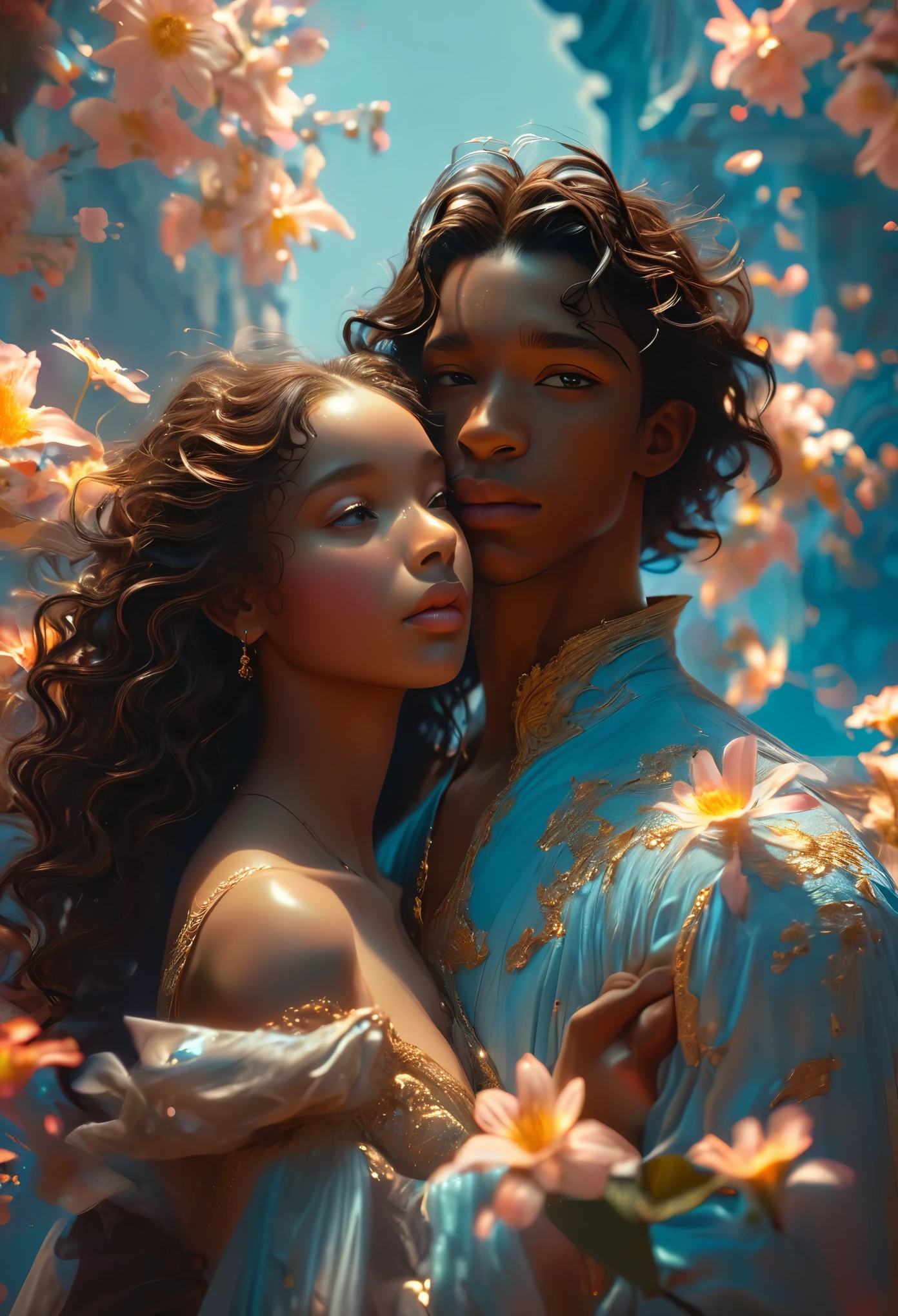 Romance in a celestial landscape, le titre est Soulmate, a couple teen, 18's, un couple brown skin and blasian (((brown skin))) in a heavenly land, a celestial impress with long brown curly hair, visage très fins, (((very beautiful))), visages parfait, corps entier, 8K, extremely detailed, (high quality,realistic,photorealistic:1.37), Full body, ideal proportions and defined complexion, meticulously crafted features, unreachable beauty, perfection, breathtaking elegance, g curves, goddess-like figures, divine symmetry, artistic masterpieces, vivid realism, hyper-detailed sculptures, life-like forms, truly awe-inspiring, impeccable craftsmanship, pure radiance, ethereal beauty, delicate contours, striking poses, sublime beauty, subtle nuances, dynamic compositions, vibrant colors, perfect lighting, soulful expressions, celestial aura, majestic presence, dreamlike atmosphere, unmatched gdetailed octane render trending on artstation, 8 k artistic photography, photorealistic concept art, soft natural volumetric cinematic perfect light, chiaroscuro, award - winning photograph, masterpiece, oil on canvas, raphael, caravaggio, greg rutkowski, beeple, beksinski, gigerrace and elegance, dazzling perfection, magnificent creations., by Jacob Lawrence and Francis picabia, perfect composition, beautiful detailed intricate insanely

