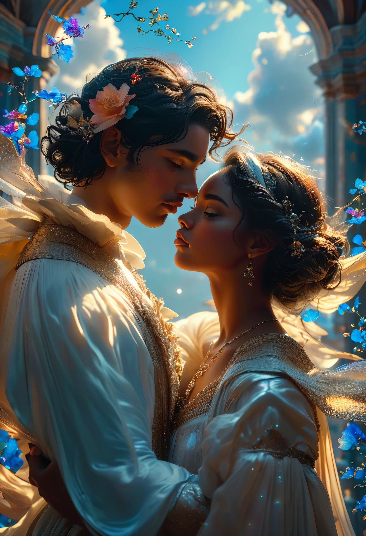 Romance en un paisaje celestial, el titulo es alma gemela, una pareja adolescente, 18, una pareja romántica (((Piel marrón))) en una tierra celestial, besar, una impresión celestial con cabello largo y rizado castaño, cara muy delgada, (((muy hermoso))), caras perfectas, todo el cuerpo, 8K, extremadamente detallado, (alta calidad,Realista,photoRealista:1.37), cuerpo completo, proporciones ideales y tez definida, Características meticulosamente diseñadas, belleza inalcanzable, perfección, elegancia impresionante, curvas g, Figuras parecidas a diosas, Simetría divina, artistic obra maestras, vivid realism, esculturas hiperdetalladas, formas realistas, verdaderamente impresionante, artesanía impecable, Puro resplandor, belleza etérea, Contornos delicados, poses llamativas, belleza sublime, matices sutiles, composiciones dinámicas, Colores vibrantes, Iluminación perfecta, expresiones conmovedoras, celestial aura, presencia majestuosa, atmósfera de ensueño, renderizado de octanaje incomparable y detallado que es tendencia en artstation, fotografía artística 8k, photoRealista concept art, Luz perfecta cinematográfica volumétrica natural suave., chiaroscuro, fotografía premiada, obra maestra, óleo sobre lienzo, Rafael, caravaggio, Greg Rutkowski, Beeple, beksinski, carrera de giger y elegancia, dazzling perfección, magníficas creaciones., por Jacob Lawrence y Francis Picabia, composición perfecta, hermoso detallado intrincado locamente

