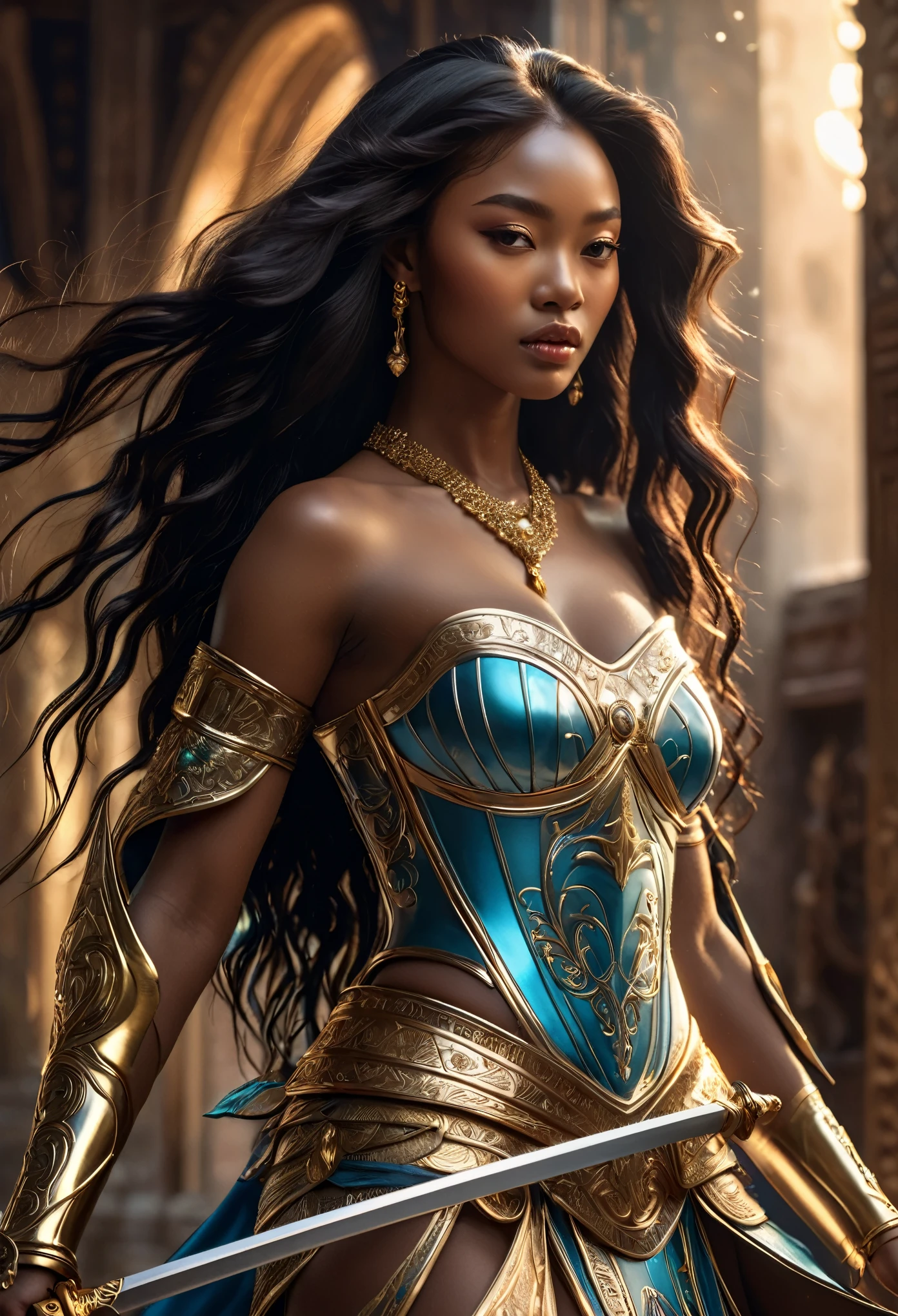 Novel in futurist kingdom of Kongo, a beautiful young darkskin couple 17's with (((a long black hair young African mixed Korean princess))) with (((a young imperial prince with long black hair))), fighting with swords and lances, (((very beautiful))), perfect faces, whole body, romantic scene, romantic Way, sexy couple, 8K, extremely detailed, (high quality, realistic, photorealistic: 1.37), Full body, ideal proportions and defined complexion, meticulously crafted features, unreachable beauty, perfection, artistic masterpieces, vivid realism, hyper-detailed sculptures, life-like forms, truly awe-inspiring, impeccable craftsmanship, pure radiance, ethereal beauty, delicate contours, striking poses, sublime beauty, subtle nuances, dynamic compositions, vibrant colors, perfect lighting, soulful expressions, celestial aura, majestic presence, dreamlike atmosphere, unmatched gdetailed octane render trending on artstation, 8 k artistic photography, photorealistic concept art, soft natural volumetric cinematic perfect light, chiaroscuro, award - winning photograph, masterpiece, oil on canvas, beautiful detailed intricate insanely