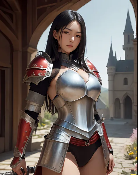 (masterpiece, best quality),(extremely intricate:1.3), (realistic), 1girl, asian, black hair, straight hair, (medieval armor), m...