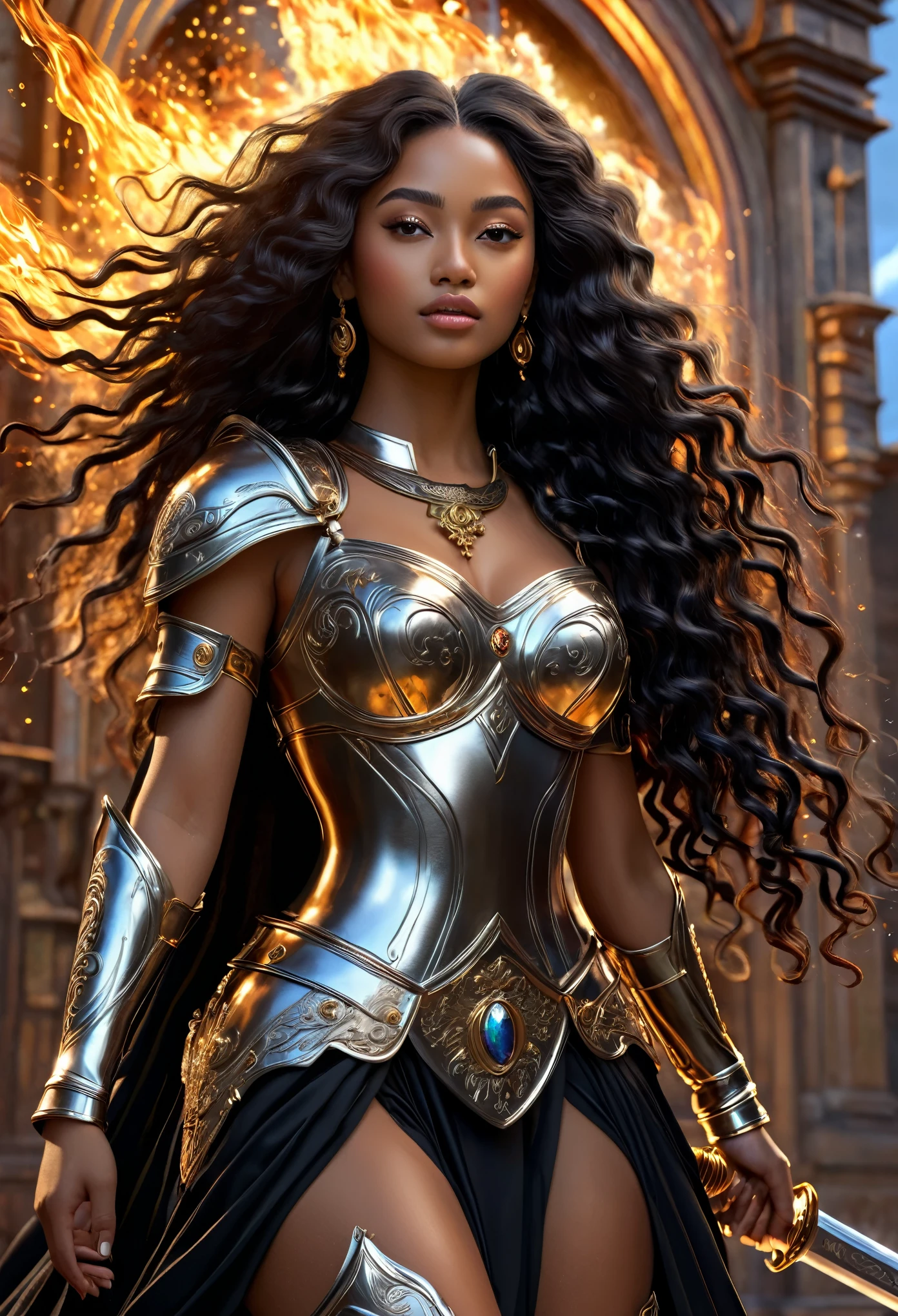 Novela no reino futurista do Kongo, no escudo de batedor, zona de guerra,  a beautiful young brown skin couple 17's com (((uma jovem princesa de longos cabelos pretos e encaracolados))) com (((a young imperial prince com long black curly hair))), fighting com swords and lances, (((muito bonito))), rostos perfeitos, todo o corpo, cena de guerra, caótico, Fogo e Fúria, explosões, fumaça,8K, extremamente detalhado, (alta qualidade, realista, photorealista: 1.37), corpo todo, proporções ideais e tez definida, recursos meticulosamente elaborados, beleza inacessível, perfeição, artistic Obra de artes, realismo vívido, esculturas hiperdetalhadas, formas semelhantes à vida, verdadeiramente inspirador, artesanato impecável, brilho puro, beleza etérea, contornos delicados, poses marcantes, beleza sublime, nuances sutis, composições dinâmicas, cores vibrantes, iluminação perfeita, expressões comoventes, aura celestial, presença majestosa, atmosfera de sonho, tendência de renderização de octanagem gdetailed incomparável no artstation, Fotografia artística 8k, photorealista concept art, luz perfeita cinematográfica volumétrica natural suave, claro-escuro, fotografia premiada, Obra de arte, óleo sobre tela, lindo detalhado intrincado insanamente