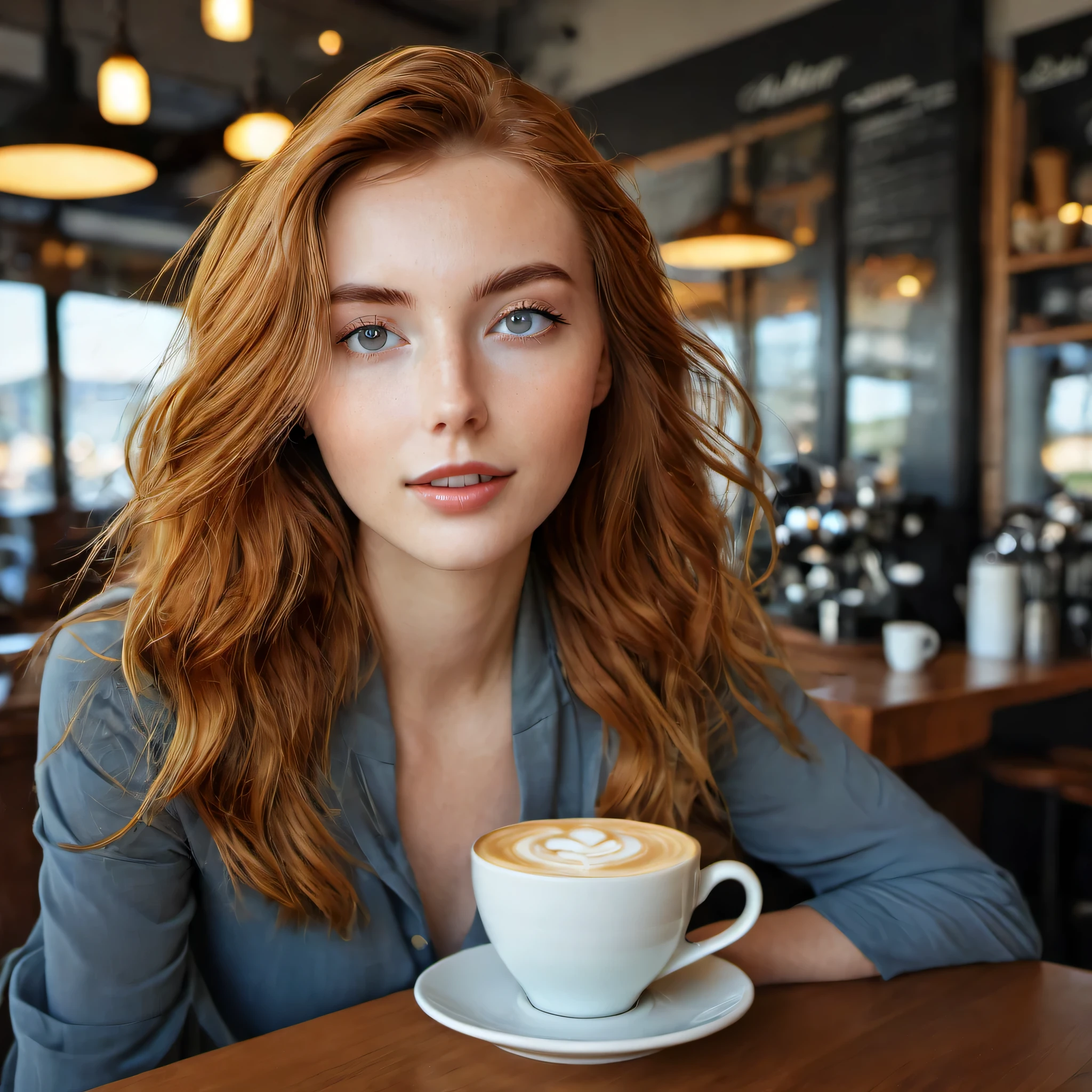 Beautiful 25 year old woman (perfect face), redhead, long ginger hair, pale skin, Large , feminine figure, she is elegantly dressed, sits in a modern café, cappuccino, Eyes with many details, Perfect body, Hautpo, natural skin, ​masterpiece, photorealestic, RAW-Foto, Best quality, high resolution, rich colors, Contre-Jour, cinematic lighting, film grain, RAW-Foto, 50mm lens, Nikon D850, warm colors