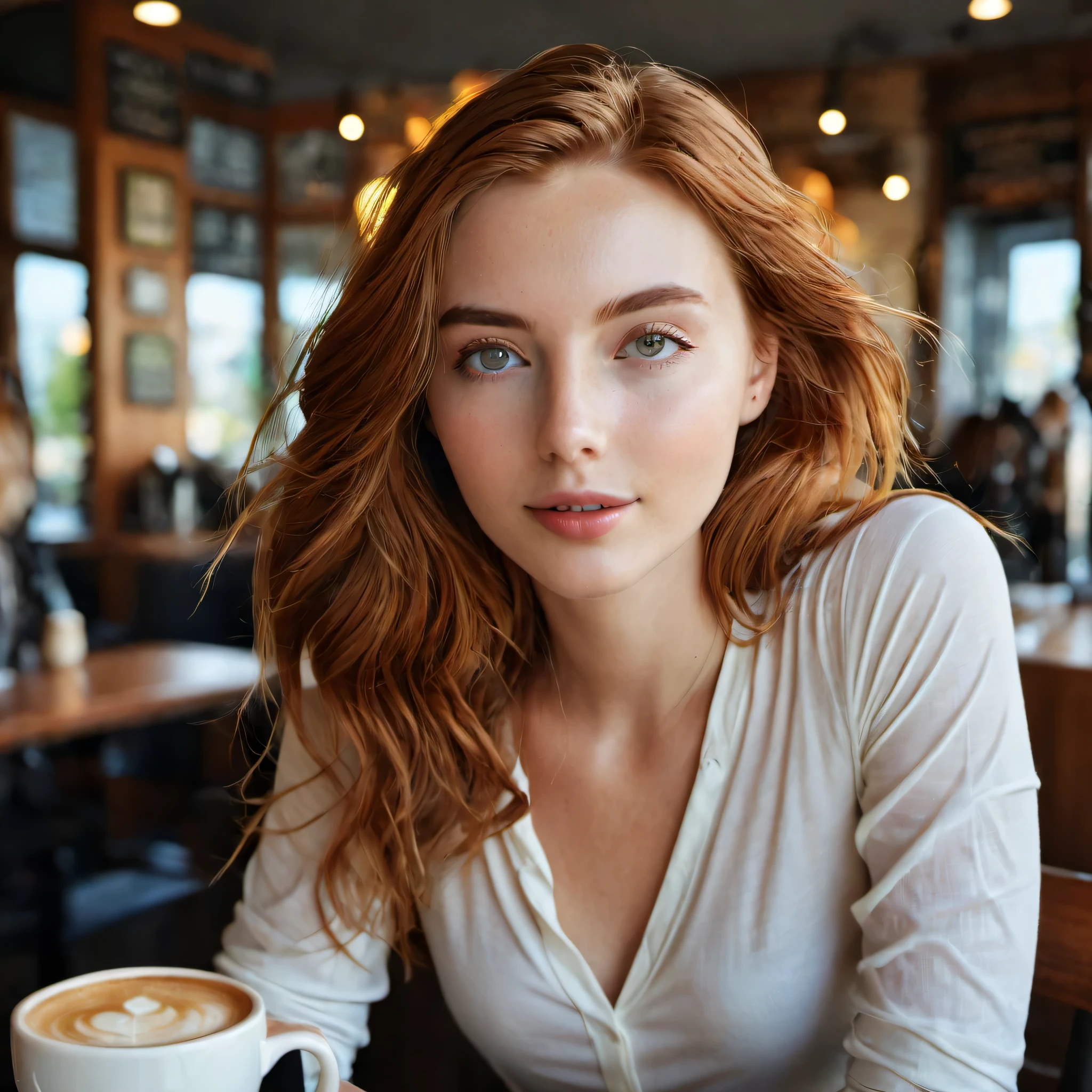 Beautiful 25 year old woman (perfect face), redhead, long ginger hair, pale skin, Large , feminine figure, she is elegantly dressed, sits in a modern café, cappuccino, Eyes with many details, Perfect body, Hautpo, natural skin, ​masterpiece, photorealestic, RAW-Foto, Best quality, high resolution, rich colors, Contre-Jour, cinematic lighting, film grain, RAW-Foto, 50mm lens, Nikon D850, warm colors