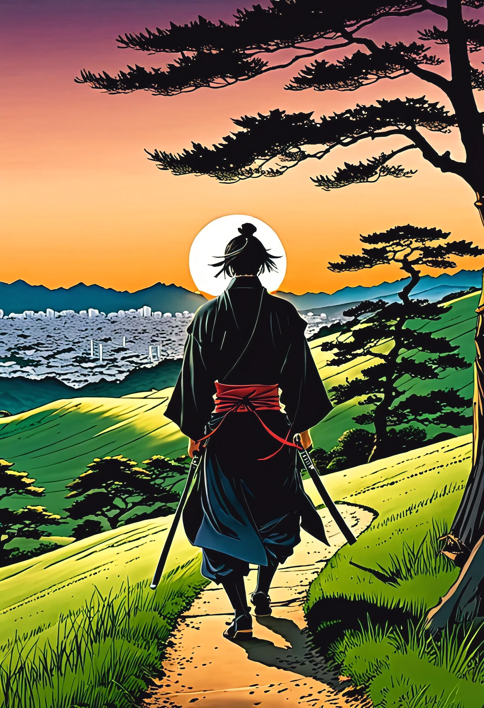 (masterpiece, best quality, manga style:1.2), manga panels, a samurai walking at the meadows, hillside, late evening
