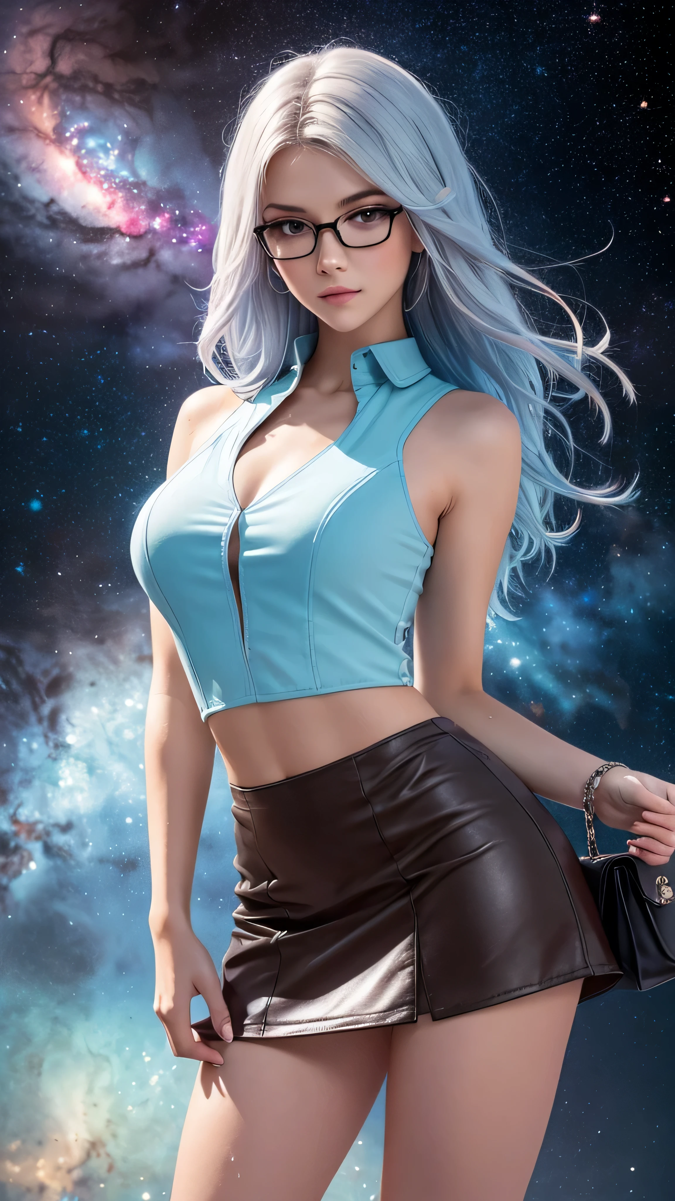 The spotlight is on a girl in a short black and red minidress, High detail, realistic beautiful girl with long brown hair, gradient blue and white hair color,girl with good charisma, creative approach to non-standard poses., Girl in miniskirt, there are splashes of silver dust, and behind it is a nebula, atmospheric lighting, surrounded by wet dew drops, behind the fantasy world, on a beautiful background, glare, shine, shine, spray drops, high quality, 8k Ultra HD, high contrast, high quality, Soft light, Close up of a beautiful realistic girl with BRIGHT WHITE TURQUOISE and pink long hair....... ,Close-up of clean skin with detailed skin ,full length,in a short miniskirt,with women&#39;handbag 
