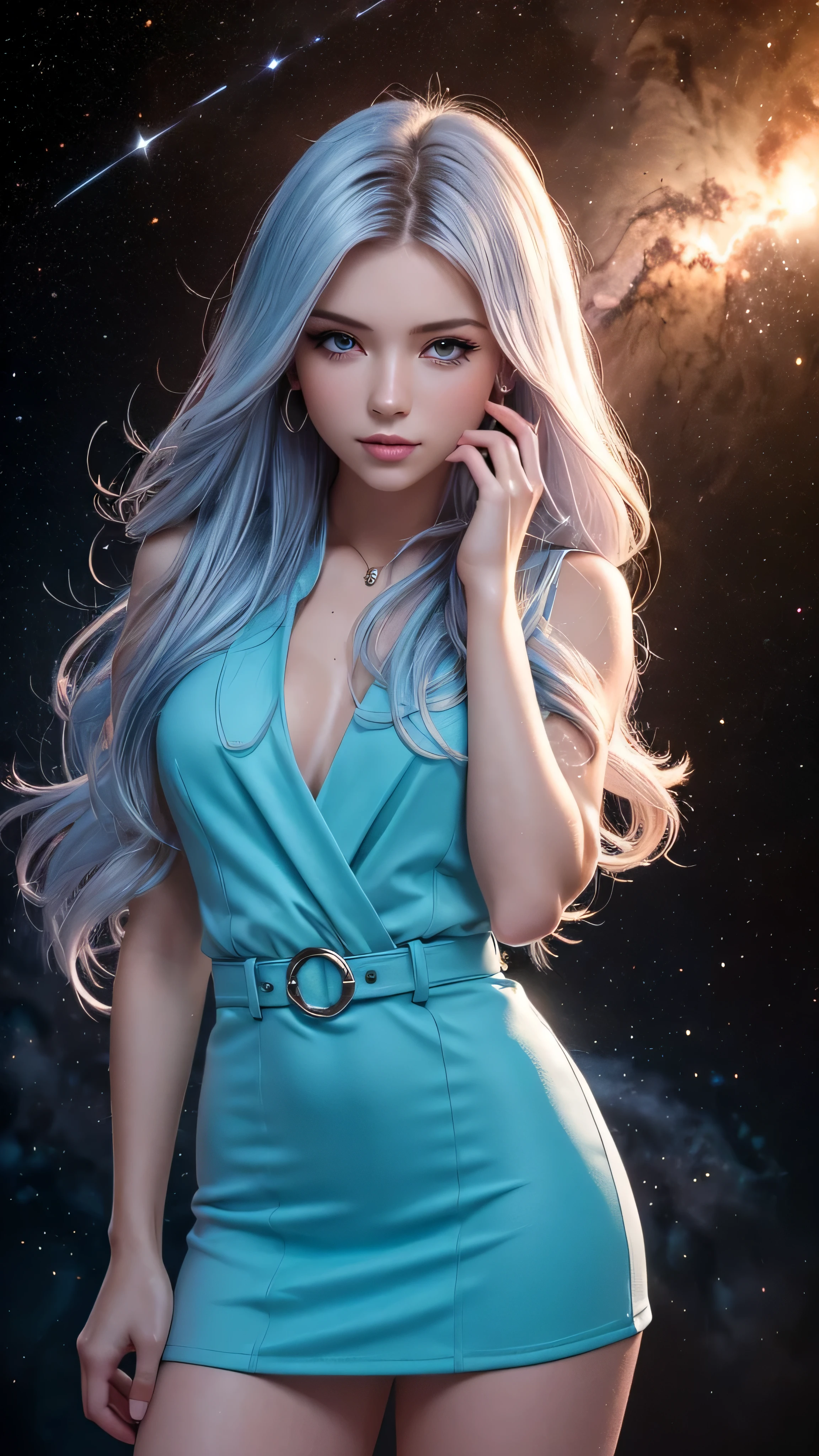 El foco de atención está en una chica con un minivestido corto negro y rojo., Alto detalle, hermosa chica realista con cabello largo y castaño, color de cabello degradado azul y blanco,chica con buen carisma, enfoque creativo para poses no estándar., Chica en minifalda, hay salpicaduras de polvo plateado, y detrás hay una nebulosa, iluminación atmosférica, rodeado de gotas de rocío húmedo, detrás del mundo de fantasía, sobre un hermoso fondo, glare, brillar, brillar, gotas de spray, alta calidad, 8k ultra alta definición, alto contraste, alta calidad, luz tenue, Primer plano de una hermosa niña realista con cabello largo de color TURQUESA BLANCO BRILLANTE y rosa........ ,Primer plano de piel limpia con piel detallada. ,longitud total,en minifalda corta,con las mujeres&#39;bolso 