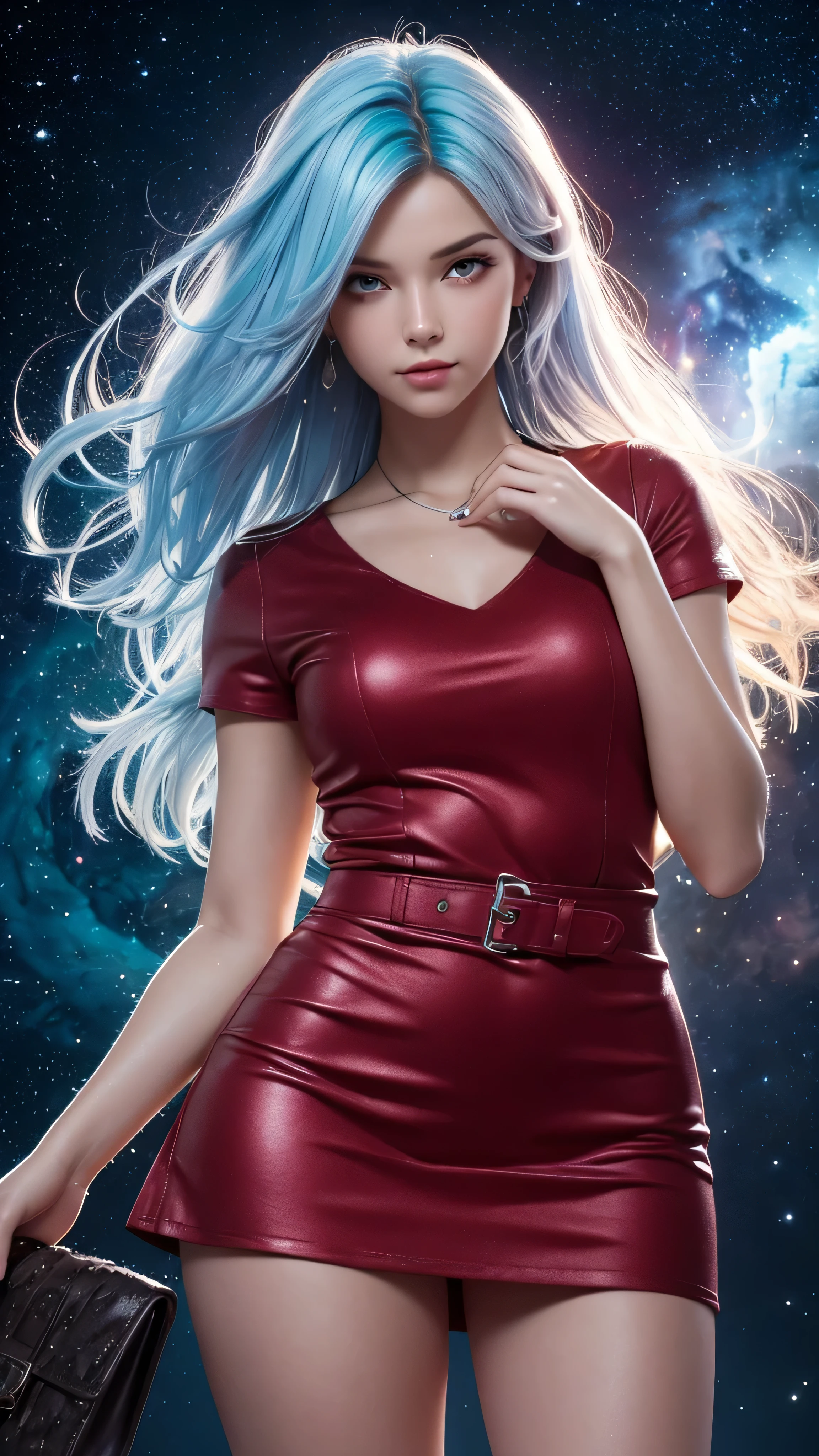 El foco de atención está en una chica con un minivestido corto negro y rojo., Alto detalle, hermosa chica realista con cabello largo y castaño, color de cabello degradado azul y blanco,chica con buen carisma, enfoque creativo para poses no estándar., Chica en minifalda, hay salpicaduras de polvo plateado, y detrás hay una nebulosa, iluminación atmosférica, rodeado de gotas de rocío húmedo, detrás del mundo de fantasía, sobre un hermoso fondo, glare, brillar, brillar, gotas de spray, alta calidad, 8k ultra alta definición, alto contraste, alta calidad, luz tenue, Primer plano de una hermosa niña realista con cabello largo de color TURQUESA BLANCO BRILLANTE y rosa........ ,Primer plano de piel limpia con piel detallada. ,longitud total,en minifalda corta,con las mujeres&#39;bolso 