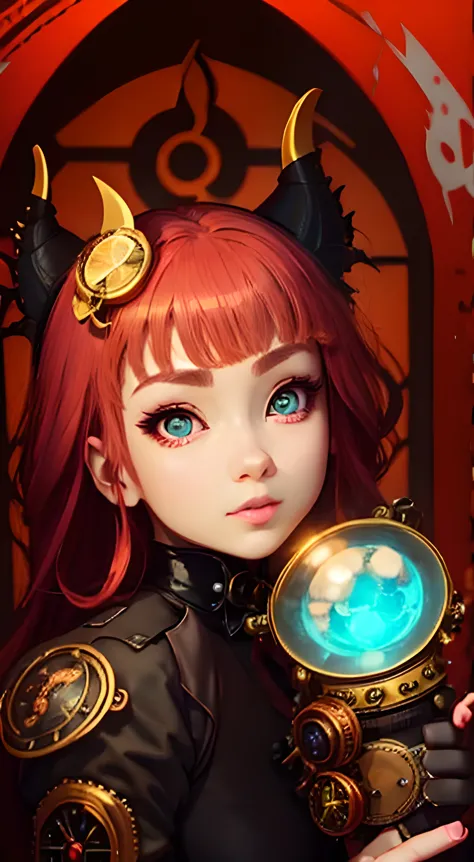 Anime - Style illustration of woman, red hair, devil eyes, anime girl, green eyes a character portrait by Ni Yuanlu, cgsociety c...