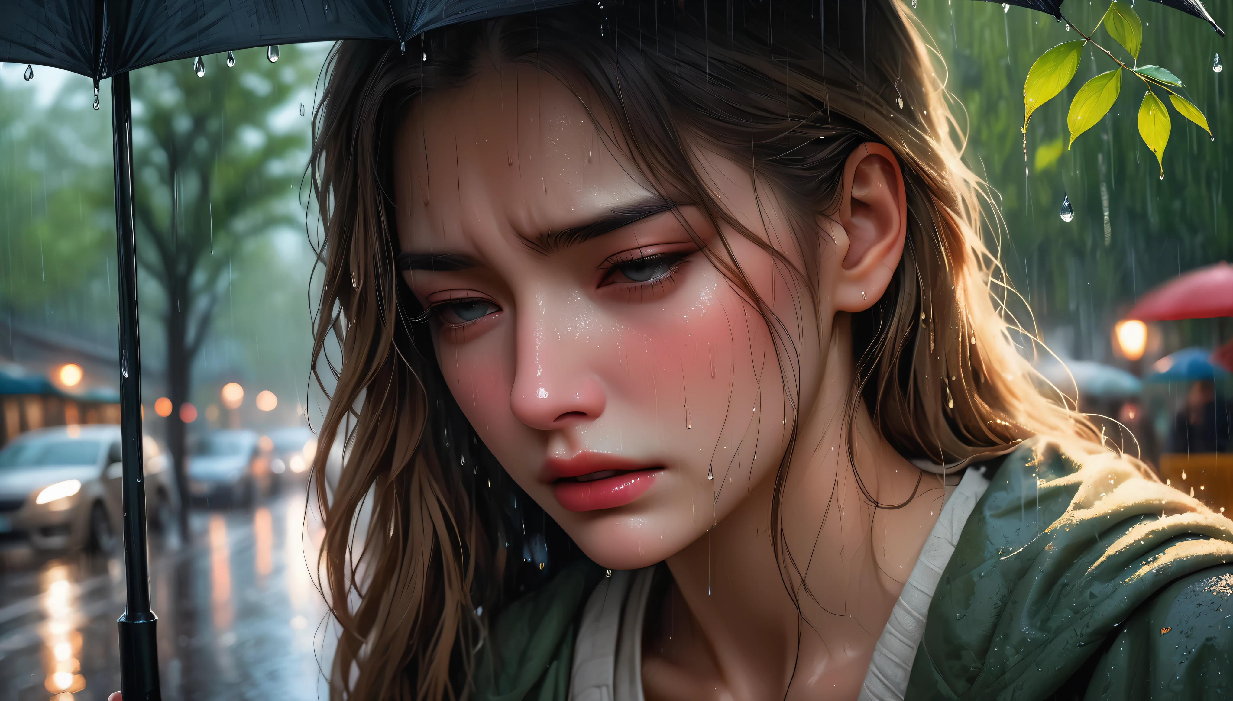 (Masterpiece in maximum 16K resolution:1.6), (intricate detail:1.4), (extremely insane detail:1.4),(highest quality:1.3),(Hyper_realistic:1.3). |beautiful crying supermodel in park,deep emotions,tears streaming down her face,soft raindrops,fresh greenery,glistening wet pavement,expressive eyes,pensive expression,sadness,delicate features,long flowing hair,wet clothes,ethereal atmosphere,misty atmosphere,moody lighting,dramatic composition,subtle shadows,emotionally charged,melancholic atmosphere,vibrant colors,subdued color palette,rainy day aesthetic,raw beauty,poignant moment,captivating composition,pain and vulnerability,contrast of beauty and sadness,raindrops tracing her eyelashes and cheeks,loneliness in the crowd,turning point in her life,persistent hope in her eyes. | ((She is crying):1.3),((perfect_pose):1.5), ((perfect_fingers, better_hands, perfect_hands, perfect_legs):0.7), (((More_Detail))).
