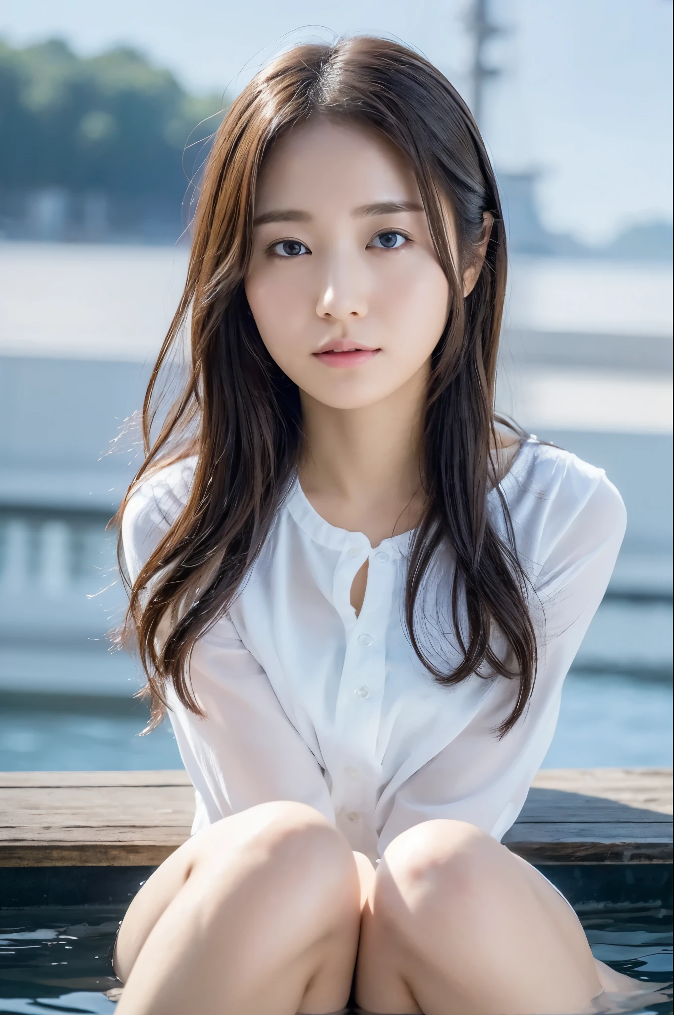 (8k, highest quality, masterpiece), (realistic, photorealistic), Super detailed, japanese girl, cute face, alone, beautiful and detailed sky, sitting, 、big eyes, floating hair water world,In panties、fog、open your legs、perfect body