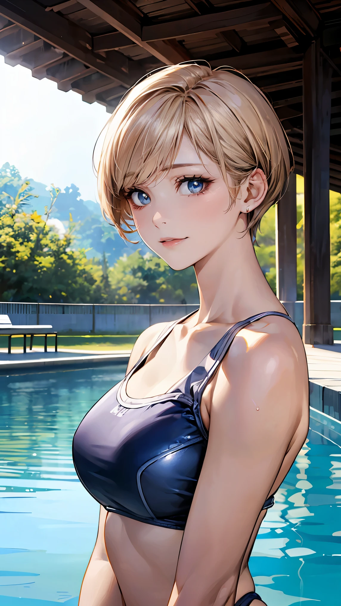 (masterpiece:1.2, highest quality), (realistic, photorealistic:1.4), beautiful illustrations, (natural side lighting, movie lighting), 
looking at the viewer, Upper body, (Front view), 1 girl, Japanese, high school girl, perfect face, Cute symmetrical face, shiny skin, baby face, 
(short hair:1.5, pixie cut:1.4, blonde), tie the bangs at the back, red eyes, long eyelashes, (big breasts:0.6), 
beautiful hair, beautiful face, fine and beautiful eyes, beautiful clavicle, beautiful body, beautiful breasts, beautiful thighs, beautiful feet, beautiful fingers, 
(school swimwear), 
(beautiful scenery), evening, pool, (cute smile, upper grade), 
