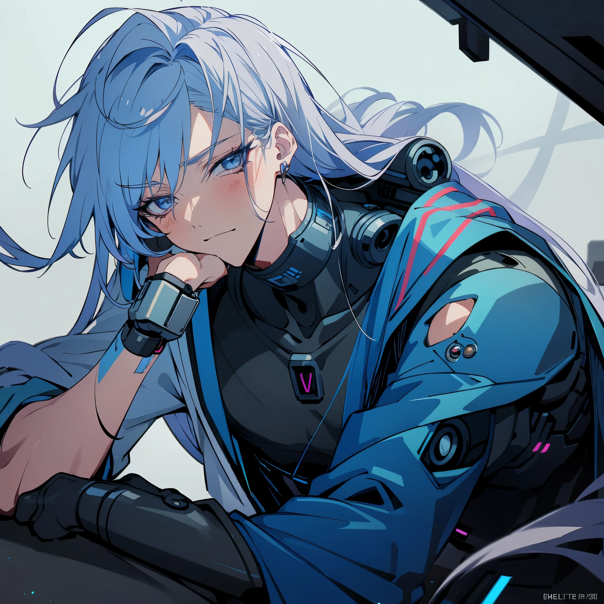 Cyborg male character, gorgeous, blue shiny eyes, angelic beauty, visible robotic/mechanical parts, quiet and shy, broken mechanical parts, melancholic look, cyberpunk inspired, handsome, innocent look, long lashes, beautiful eyes, long shiny hair, interesting pose, hair moving