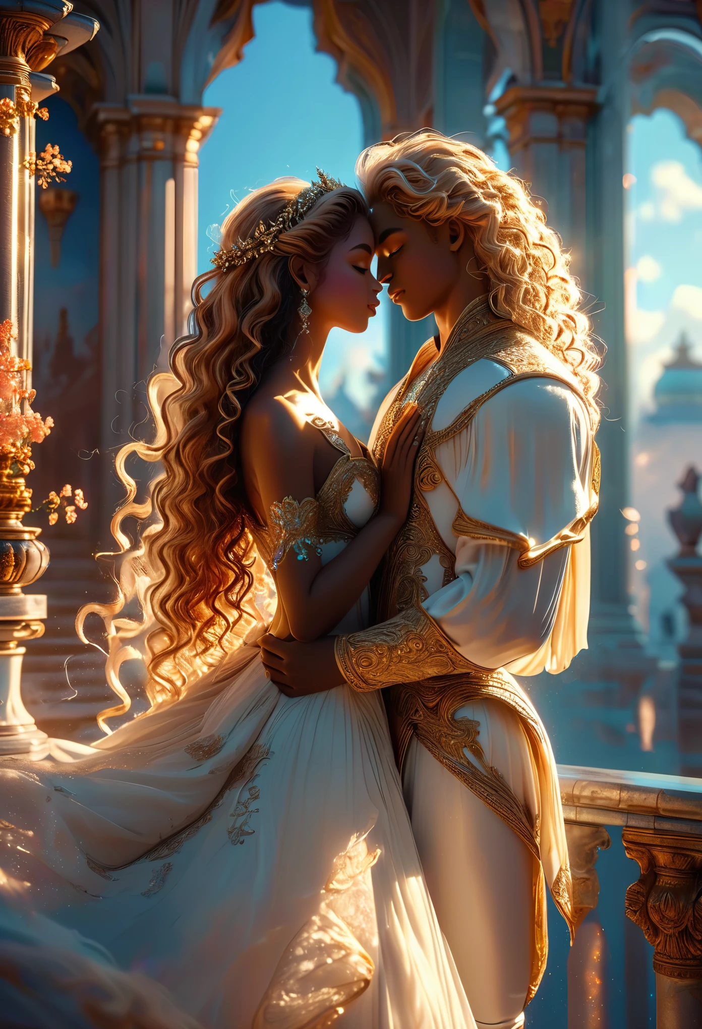 Passionate couple in a celestial lescape, coronation e weeding, jovem casal de pele escura na casa dos 20 anos, em um palácio, a man e a woman, (((ele é um príncipe divino com cabelo branco longo e encaracolado))) e (((ela é uma princesa de pele morena com cabelo ruivo longo e encaracolado))), corpo todo, 8K, extremamente detalhado, alta qualidade, (fotorrealista:1.37), corpo todo, ideal proportions e defined complexion, recursos meticulosamente elaborados, beleza inacessível, perfeição, elegância de tirar o fôlego, curvas g, figuras parecidas com deusas, simetria divina, artistic obra de artes, realismo vívido, esculturas hiperdetalhadas, formas semelhantes à vida, verdadeiramente inspirador, artesanato impecável, brilho puro, beleza etérea, contornos delicados, poses marcantes, beleza sublime, nuances sutis, composições dinâmicas, cores vibrantes, iluminação perfeita, expressões comoventes, aura celestial, presença majestosa, atmosfera de sonho, tendência de renderização de octanagem gdetailed incomparável no artstation, Fotografia artística 8k, fotorrealista concept art, luz perfeita cinematográfica volumétrica natural suave, claro-escuro, fotografia premiada, obra de arte, composição perfeita, lindo detalhado intrincado insanamente
