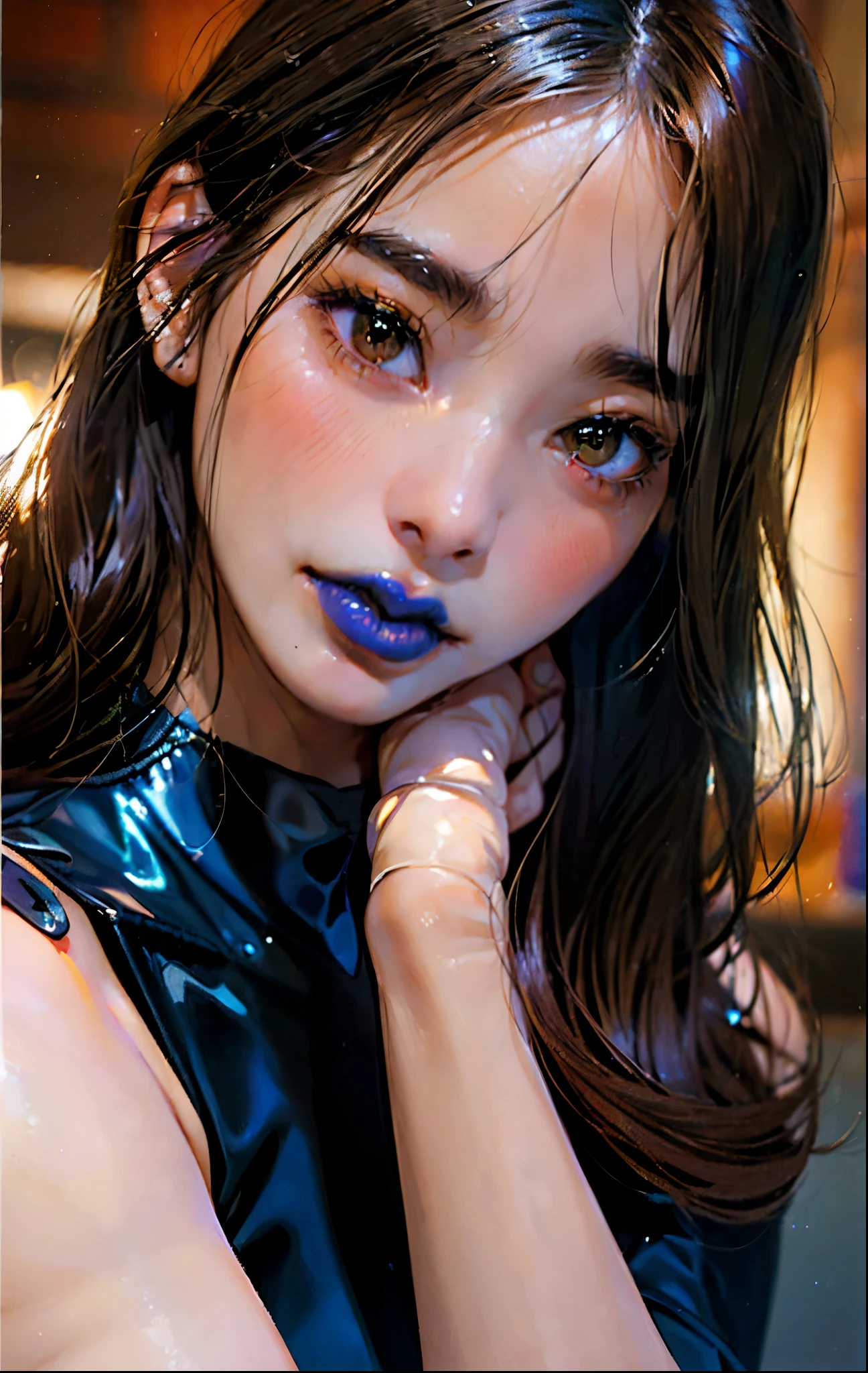 PM, (Purple Latex Suit:1), Golden Fringe Shorthair, Light brown eyes, (Japanese girl),1girl in, 27yr old, Innocence, (Photorealsitic),(top-quality:1.4), (超A high resolution:1.2), 超A high resolution, (A detailed eye), (detailed facial features), nfsw, 8k resolution, (lensflare:0.7),Colossal ,(bushy eyebrows),straight eyebrows,low eyebrows,(thick lips:1.3),(glossy lips:1.3),(lipstick,blue lips:1.2),(blush),black hair,(brown eyes), wide forhead,nude,