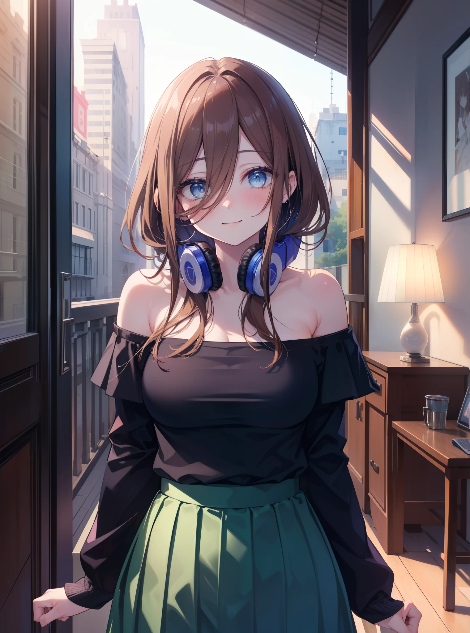 Miku Nakano, miku nakano pollito iii, pelo largo, golpes, blue eyes, Pelo castaño, pelo entre los ojos, Auriculares 1:2 alrededor del cuello,sonrisa,rubor,ambiente feliz,suéter con hombros descubiertos,cuello desnudo,bare clavicle,hombros descubiertos,falda larga,mañana,mañana日,El sol está saliendo,saludo,
DESCANSAR en el interior, Departamento　entrada,
DESCANSO mirando al espectador, (tiro de vaquero:1.5), (parte superior del cuerpo:1.5),
break (Obra maestra:1.2), de la máxima calidad, alta resolución, fondo de pantalla de unidad 8k, (cifra:0.8), (ojos detallados y hermosos:1.6), Cara muy detallada, iluminación perfecta, CG muy detallado, (manos perfectas, anatomía perfecta),