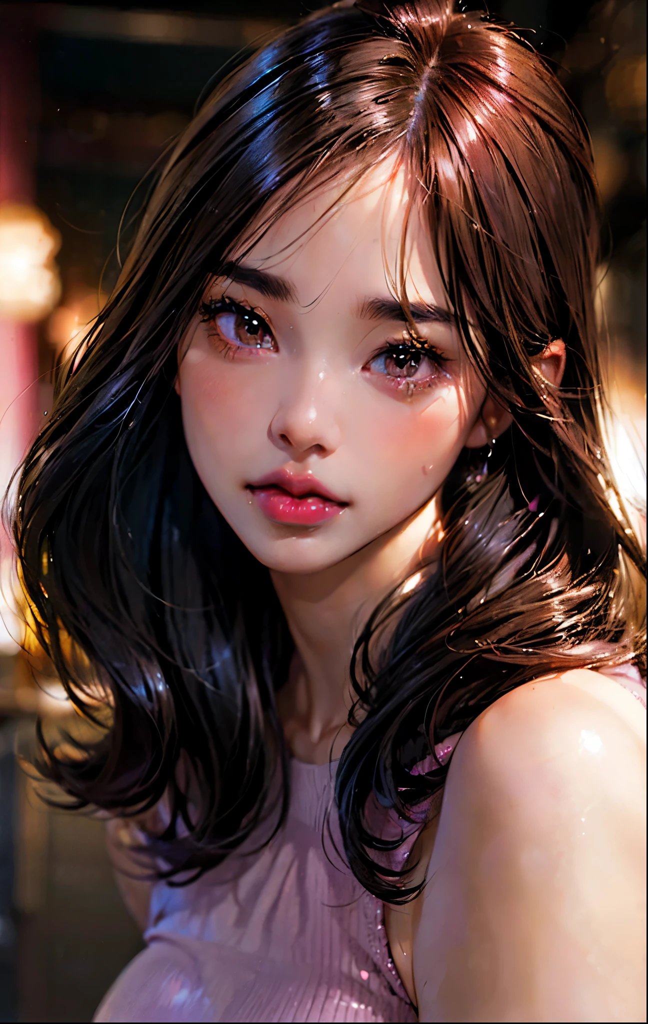 PM, (Purple Latex Suit:1), Golden Fringe Shorthair, Light brown eyes, (Japanese girl),1girl in, 27yr old, Innocence, (Photorealsitic),(top-quality:1.4), (超A high resolution:1.2), 超A high resolution, (A detailed eye), (detailed facial features), nfsw, 8k resolution, (lensflare:0.7),Colossal tits,(bushy eyebrows),(oval face),straight eyebrows,low eyebrows,(thick lips:1.3),(glossy lips:1.3),(lipstick,pink lips:1.2),(blush),black hair,(brown eyes), wide forhead,nude,