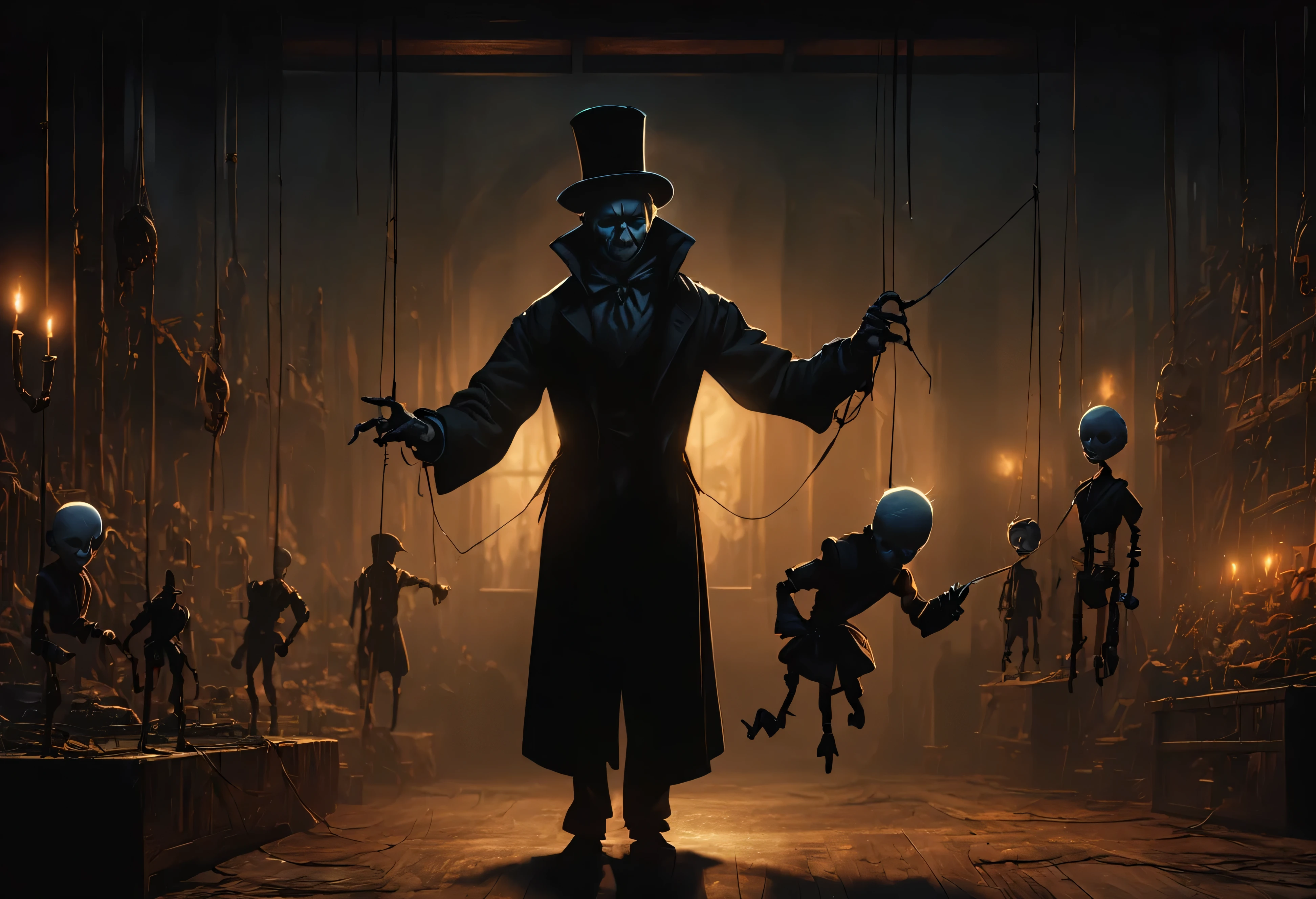 (16k masterpiece, best quality, anime illustration:1.2), marionettist, standing, dark, misty, candlelit workshop, controlling marionette on string, wearing a long overcoat, top hat, white face, gaunt appearance, cadaverous, moonlight streams, huge window, backlighting, illuminating, volumetric lighting, absurdres, ((junji ito style)),