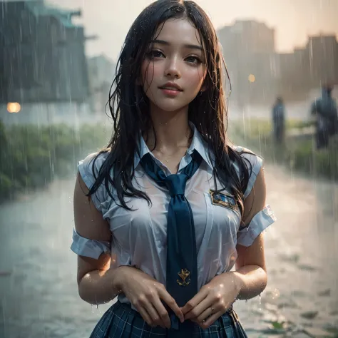 realistic art, there is a woman large breast in a indonesian  standing in the rain, wet used shirt, pretty girl standing in the ...