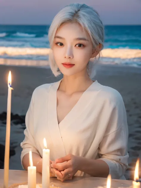 loved one, beautiful korean woman with round face and white hair, among the candles, evening sandy beach, happy,