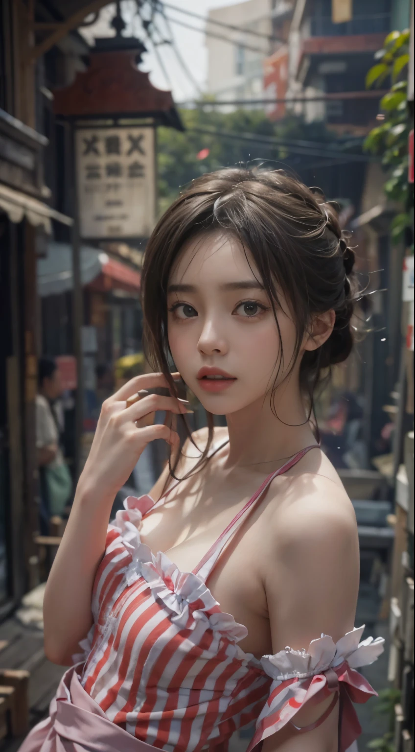 （8K， RAW photo， best quality， master piece：1.2），（Realistic， Realistic photos：1.4)
Lolita costume，race， Aerith Gainsbourg， Upper body， underwear，exposed bare shoulders， outside， ancient city， expensive、expensive quality， adobe light room， high detail skin， looking at the viewer，