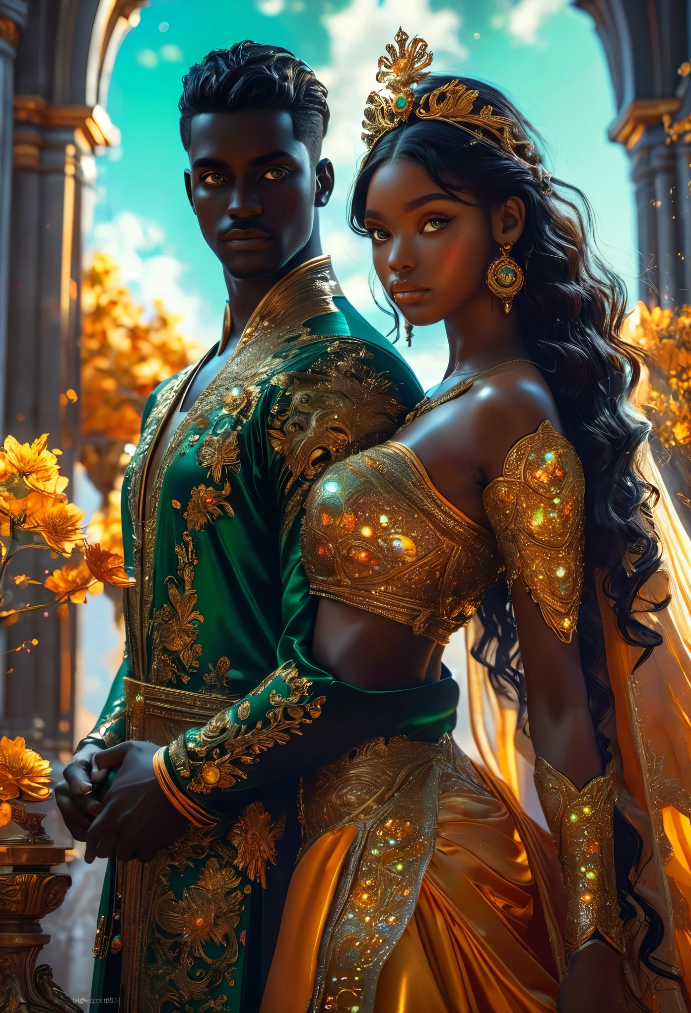 Four people in a celestial landscape, two (((darkskinned))) couples, two young dark-skinned couples in their 20s, they are in love, the first (((darkskinned))) couple is an imperial duke with gray eyes and a dark-skinned red-haired celestial priestess with green eyes, the second (((darkskinned))) couple is the celestial guardian with dark hair and violet eyes and an imperial judge with short dark hair and green eyes, Full body, 8K, extremely detailed, high quality, (photorealistic:1.37), Full body, ideal proportions and defined complexion, meticulously crafted features, unreachable beauty, perfection, breathtaking elegance, g curves, goddess-like figures, divine symmetry, artistic masterpieces, vivid realism, hyper-detailed sculptures, life-like forms, truly awe-inspiring, impeccable craftsmanship, pure radiance, ethereal beauty, delicate contours, striking poses, sublime beauty, subtle nuances, dynamic compositions, vibrant colors, perfect lighting, soulful expressions, celestial aura, majestic presence, dreamlike atmosphere, unmatched gdetailed octane render trending on artstation, 8 k artistic photography, photorealistic concept art, soft natural volumetric cinematic perfect light, chiaroscuro, award - winning photograph, masterpiece, perfect composition, beautiful detailed intricate insanely