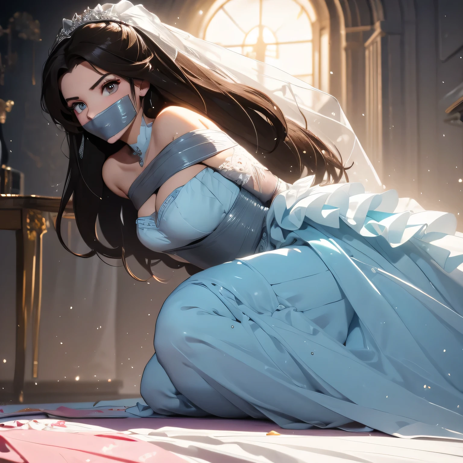 (bright lighting,romantic setting),bride captured, dreamy background,bondage,dark hair, mesmerizing gaze, , soft skin, alluring beauty, artistic portrait, high-quality image, vibrant colors, long silk gown, in the bed,tape bondage,tape gag, mosquito net, bridal