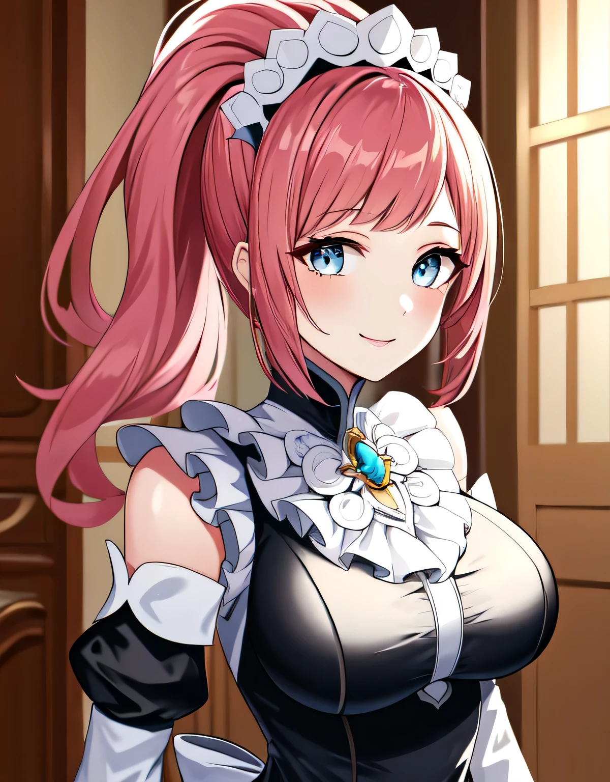 feliciadef,maid,maid headdress,(big breasts:1.5),shiny,hair,((alone)),((masterpiece)),((highest quality)),perfect anatomy,slim waist,perfect image,8k uh,(detailed and beautiful eyes:1.5),highly detailed face,Are standing,(Upper body:1.1),(look ahead:1.1),back arm,Super detailed,disorganized,High resolution,indoor hall,light smile,pink hair,(light blue eyes),