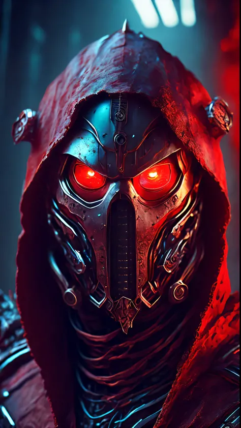 breathtaking cinematic science fiction photo of a portrait of a non human masked grim wrapped in red chrome metal skin, body ful...