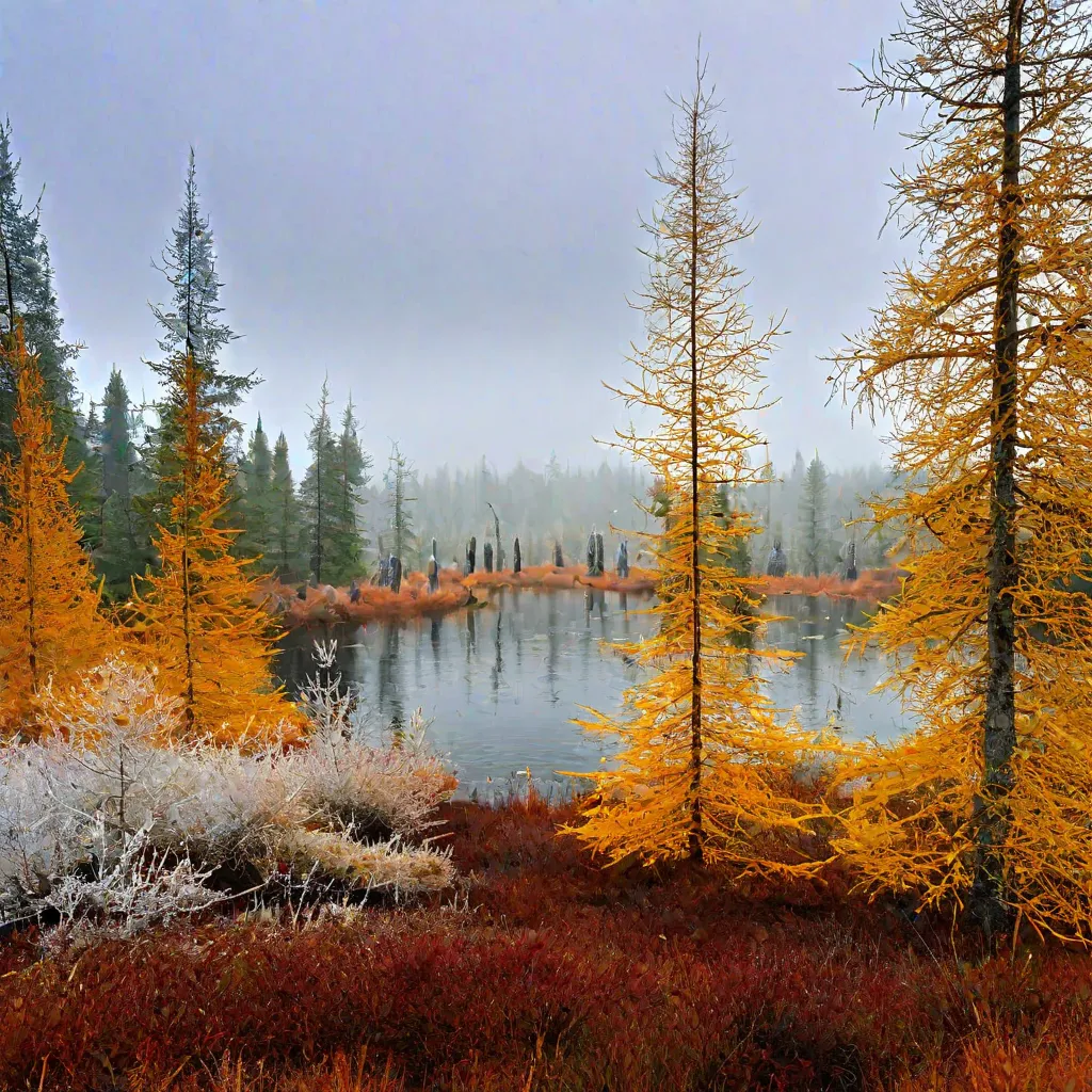 Larix laricina cold morning forest