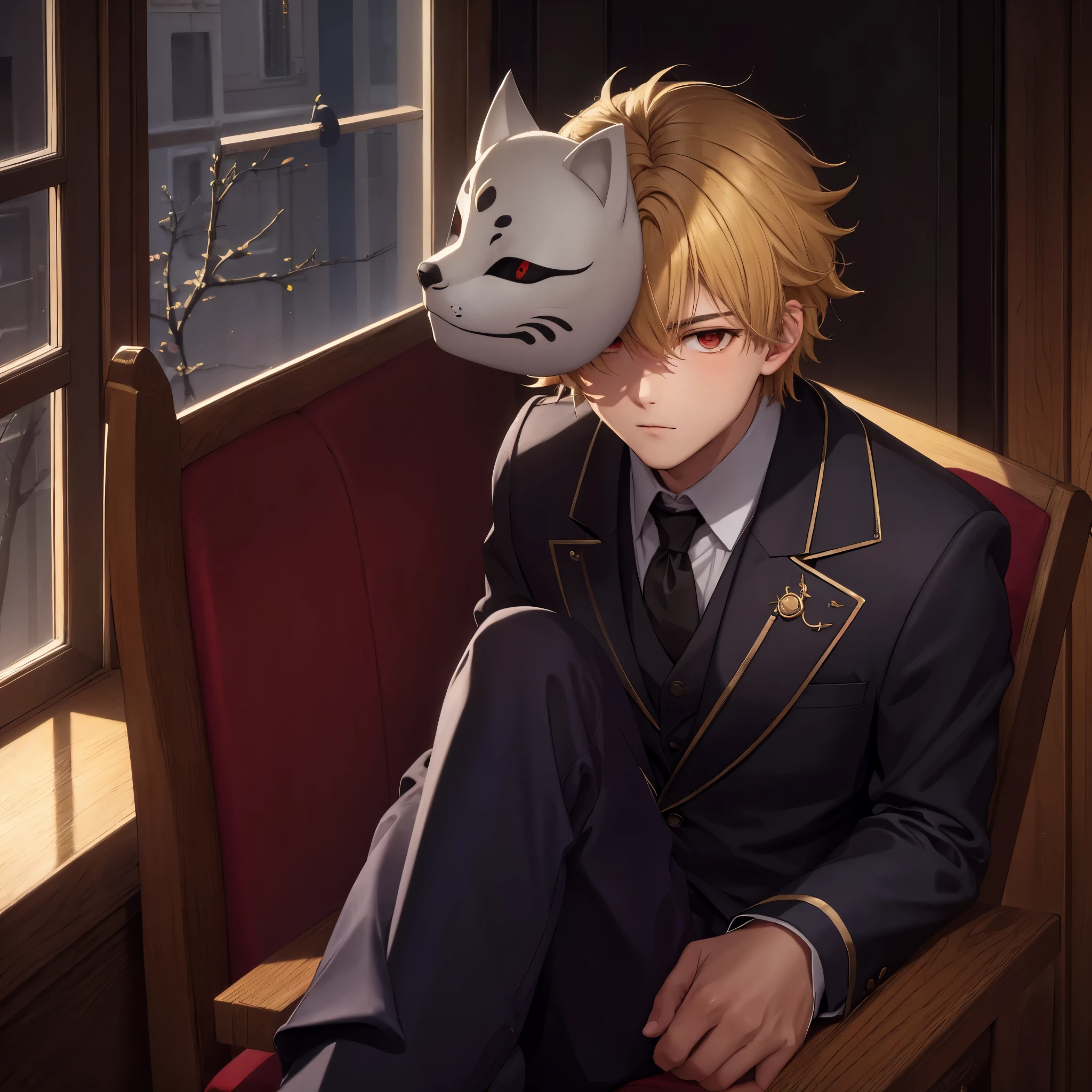 masterpiece, Soft moonlight, moon in the window, shadows, room, boy, 20 years, blonde hair, Red eyes, arrogant look, raised chin, sitting on a chair, portrait, rkbaska, trousers , with a mask