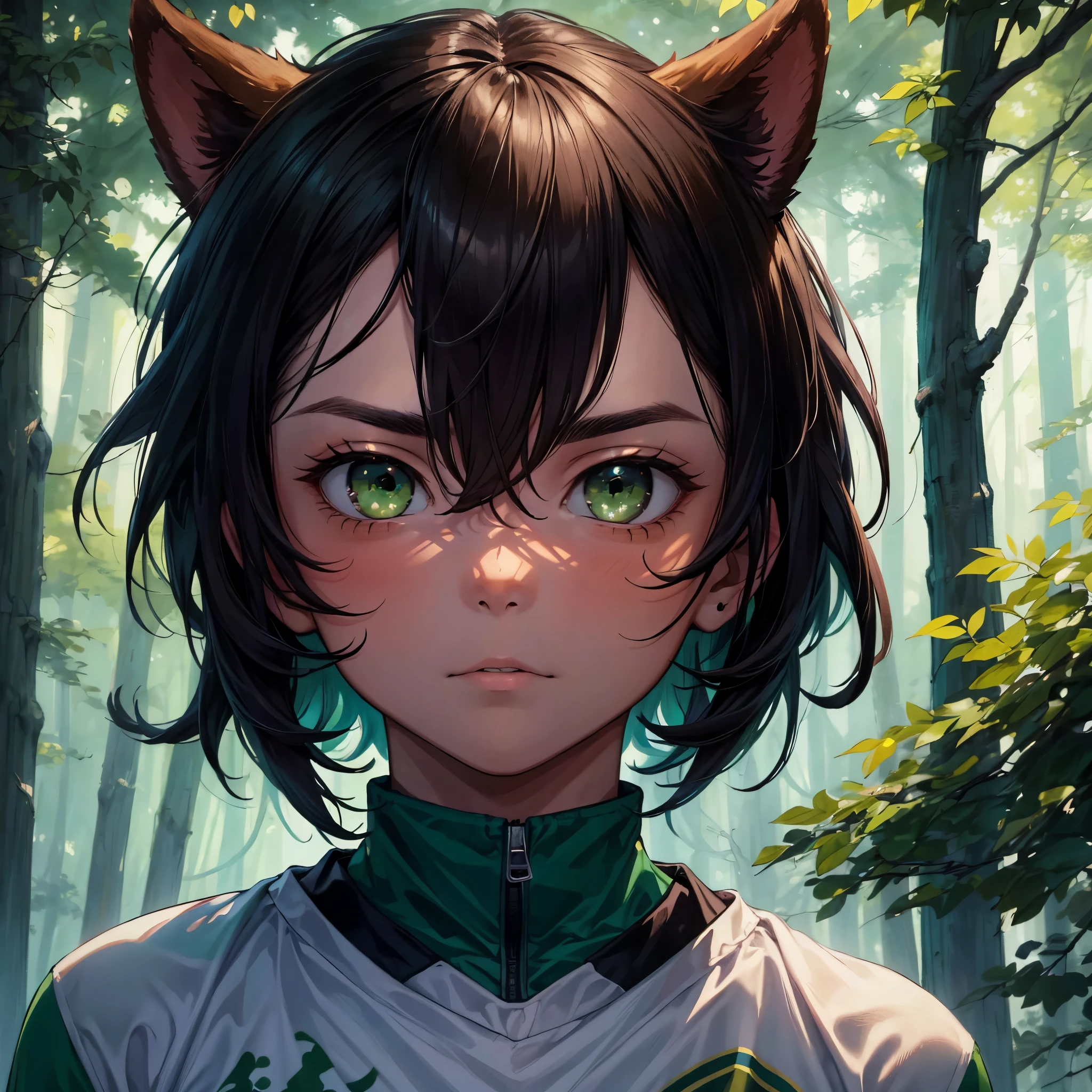 (best quality,4k,8k,highres,masterpiece:1.2), ultra-detailed, 1boy, masculino, soccer uniform, green eyes, inside the forest, furious face, forest