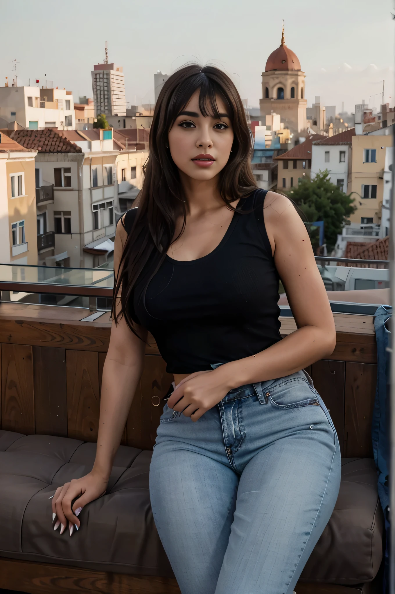 Araffe woman sitting on a bench in a black top and jeans - SeaArt AI