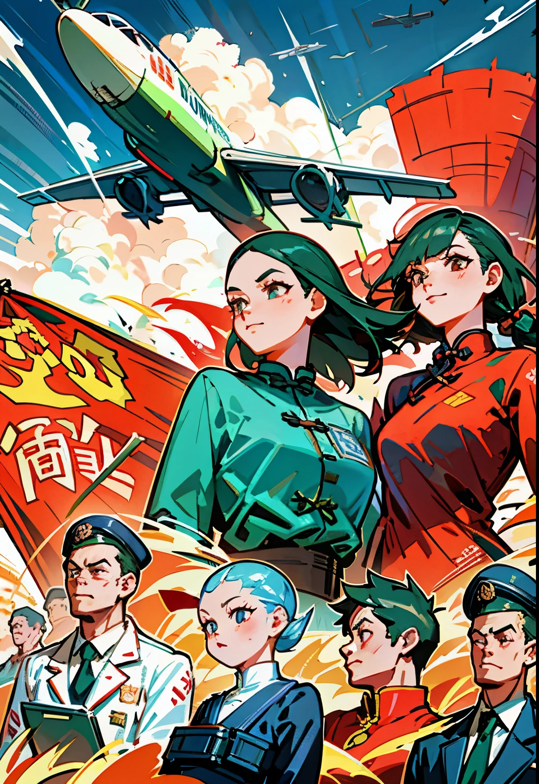 (masterpiece), (best quality), (Exquisite details), poster, Chinese , Wide-angle lens, laugh happily，a group of people, Chinese, civilian, One-piece suit, firm expression, Half-naked arms, passing flyer, gear, sky with passenger plane, Chinese Red Flag, (Red) Flag with gear and Wheat Print, city View, architecture, High-speed rail trains,  manifesto, Chinese,