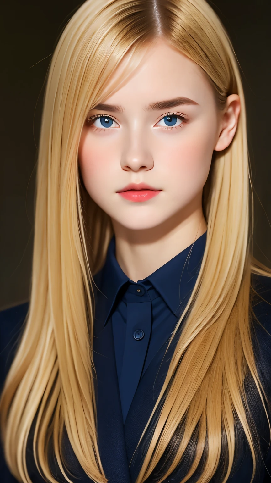 歐洲女孩肖像,一,16歲、娃娃脸、漂亮的臉蛋,全身角度, 一隻眼睛上方的頭髮, 掠食性外观, 金髮女郎, 銳利的焦點, 紅色商務褲套裝.